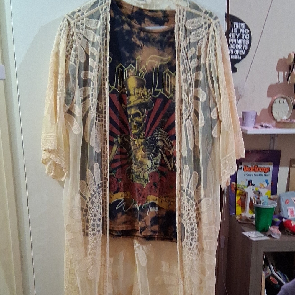 Rebellion Beige Lace Kimono Over Graphic Tee
